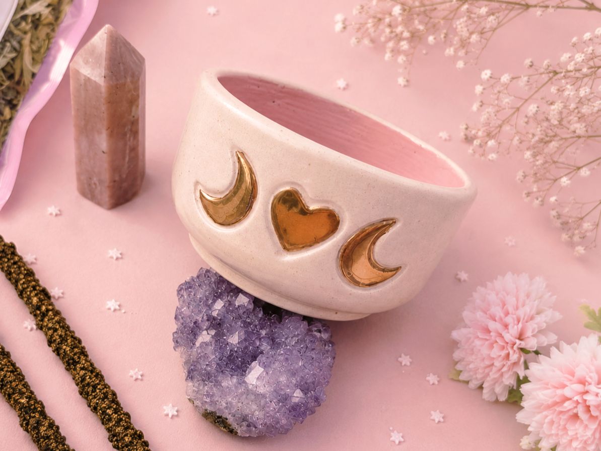 Cuenco triple diosa corazón rosa y oro