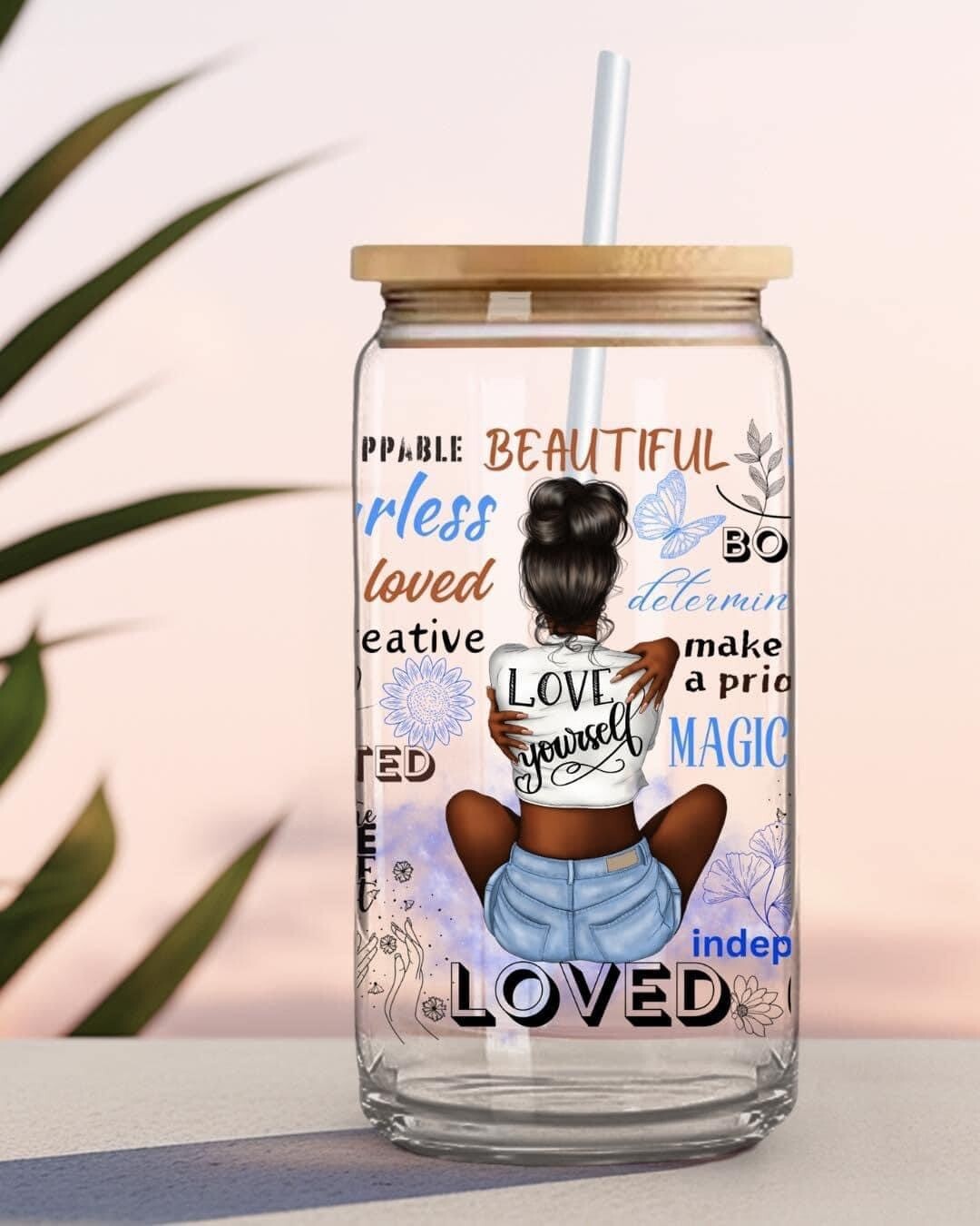 Love Yourself Iced Coffee Cup, Glass Tumbler, Motivational Glass Can &amp; Straw