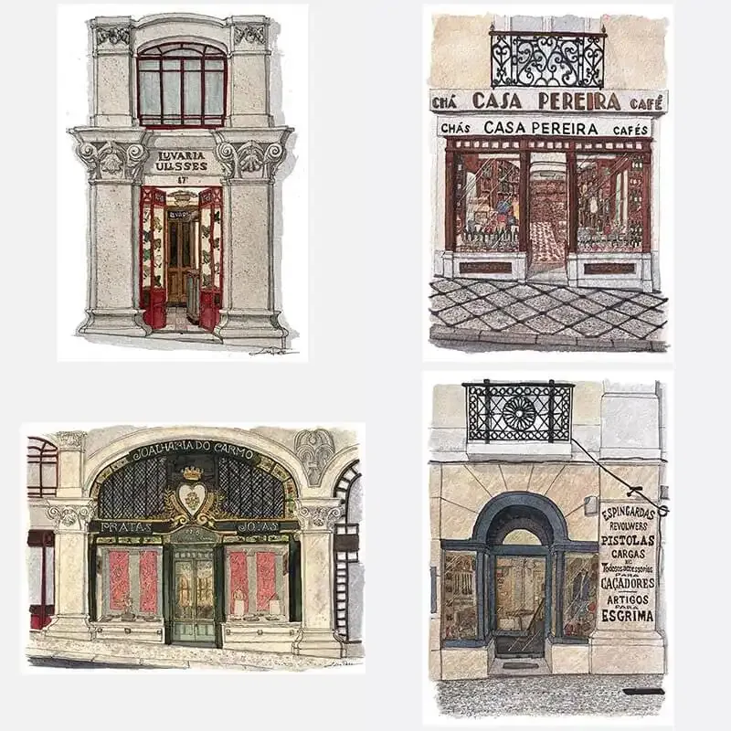 Set de 4 Postais Lojas Históricas de Lisboa - À Volta do Carmo Set de 4 Postais Lojas Históricas de Lisboa - À Volta do Carmo