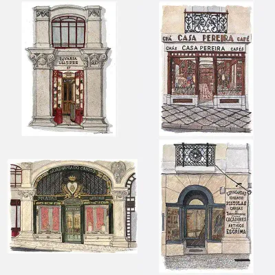 Set de 4 Postais Lojas Históricas de Lisboa - À Volta do Carmo Set de 4 Postais Lojas Históricas de Lisboa - À Volta do Carmo