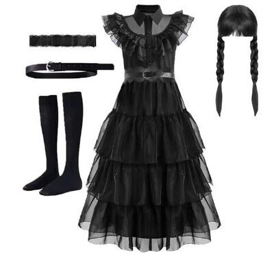 Girls Gothic Costume set: dress + wig + necklace + belt + socks