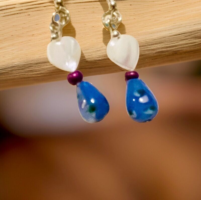 Heart Shell with Vintage Light Blue Teardrop Earrings