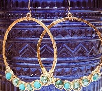 Aqua Glass beads Hammered Hoops