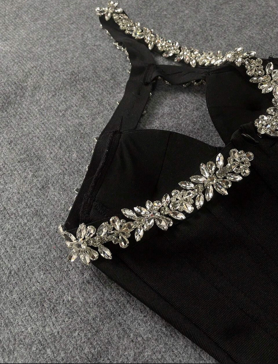 “Crystal Cross Radiance” Black Mini One Shoulder Rhinestone Detail Bustier Bandage Dress Size M length:26.4 inch Bust:33-35 in Waist 29-32 inch
