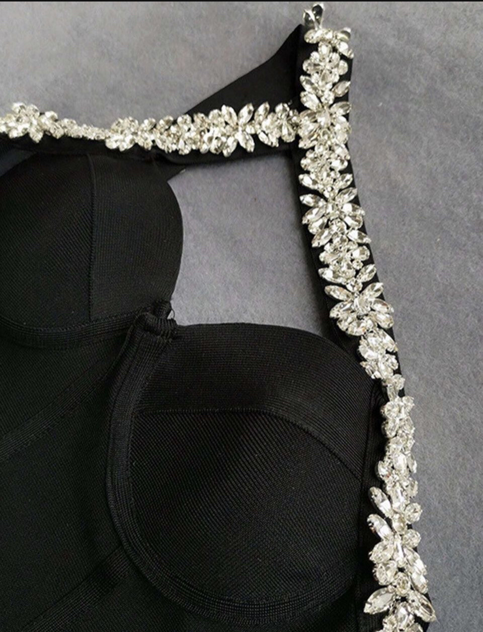 “Crystal Cross Radiance” Black Mini One Shoulder Rhinestone Detail Bustier Bandage Dress Size M length:26.4 inch Bust:33-35 in Waist 29-32 inch
