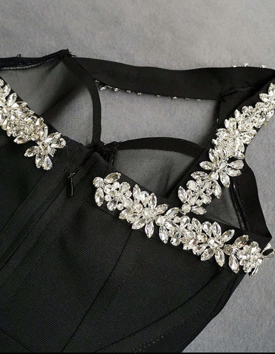 “Crystal Cross Radiance” Black Mini One Shoulder Rhinestone Detail Bustier Bandage Dress Size M length:26.4 inch Bust:33-35 in Waist 29-32 inch