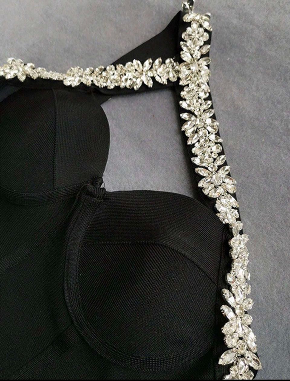 “Crystal Cross Radiance” Black Mini One Shoulder Rhinestone Detail Bustier Bandage Dress Size M length:26.4 inch Bust:33-35 in Waist 29-32 inch