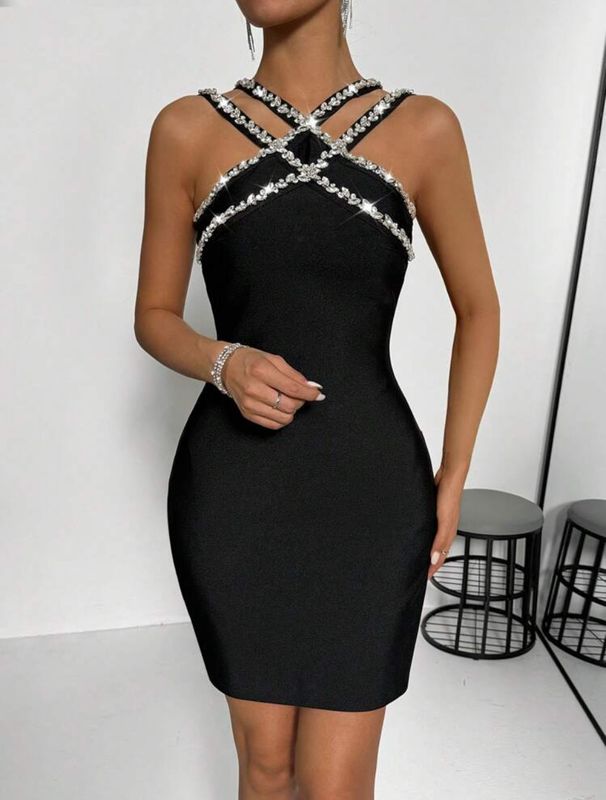 Black Mini Rhinestone Bandage Dress