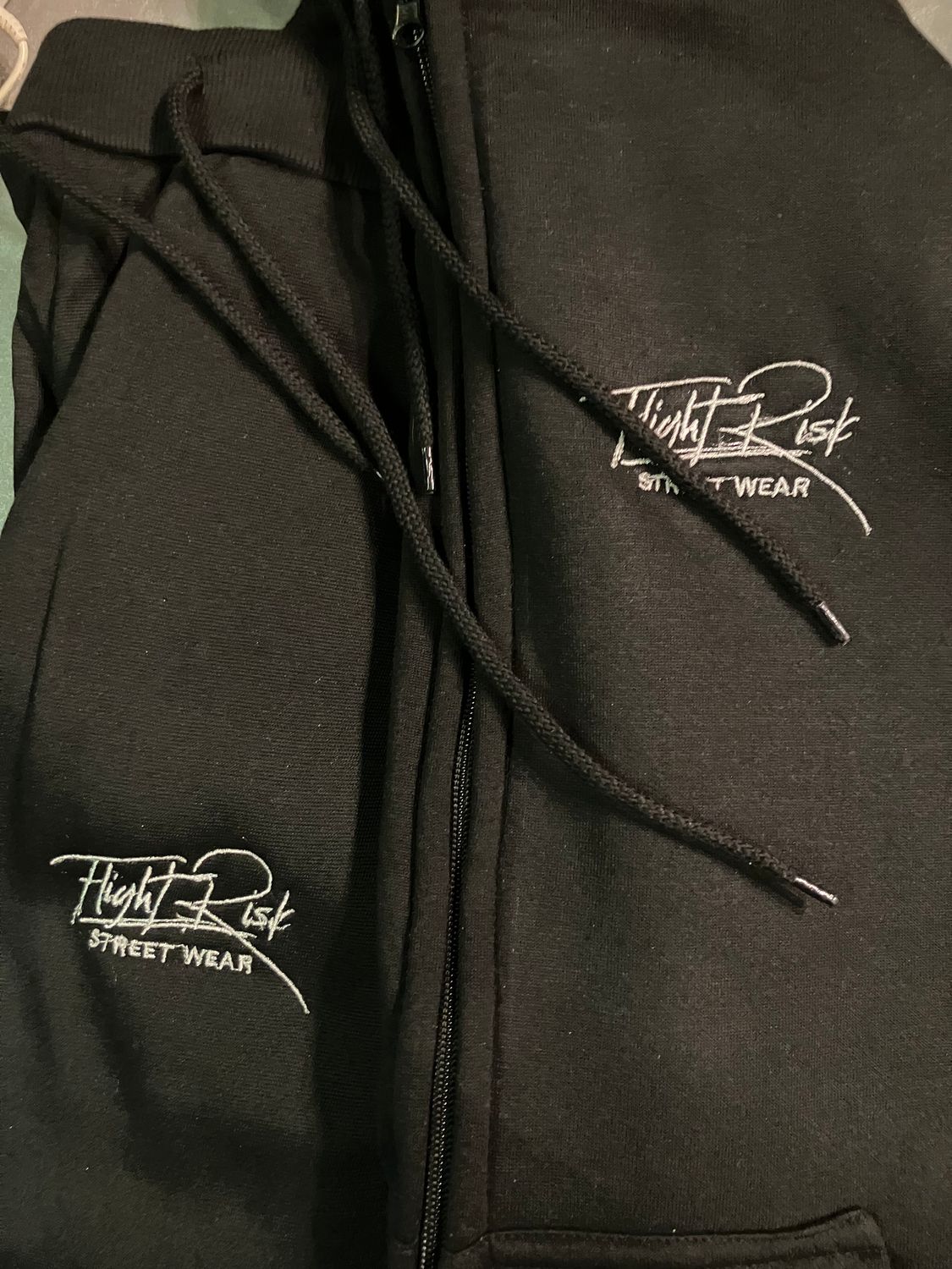 Black / White Stitched Logo FlightRisk Street Wear Jogging Set.