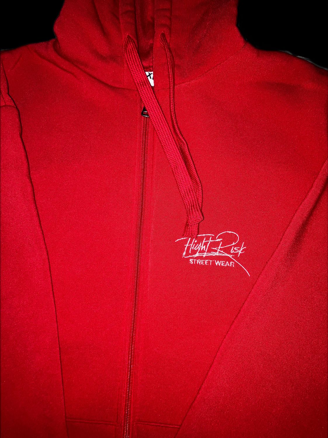 Red hoodie/ white logo embroidery