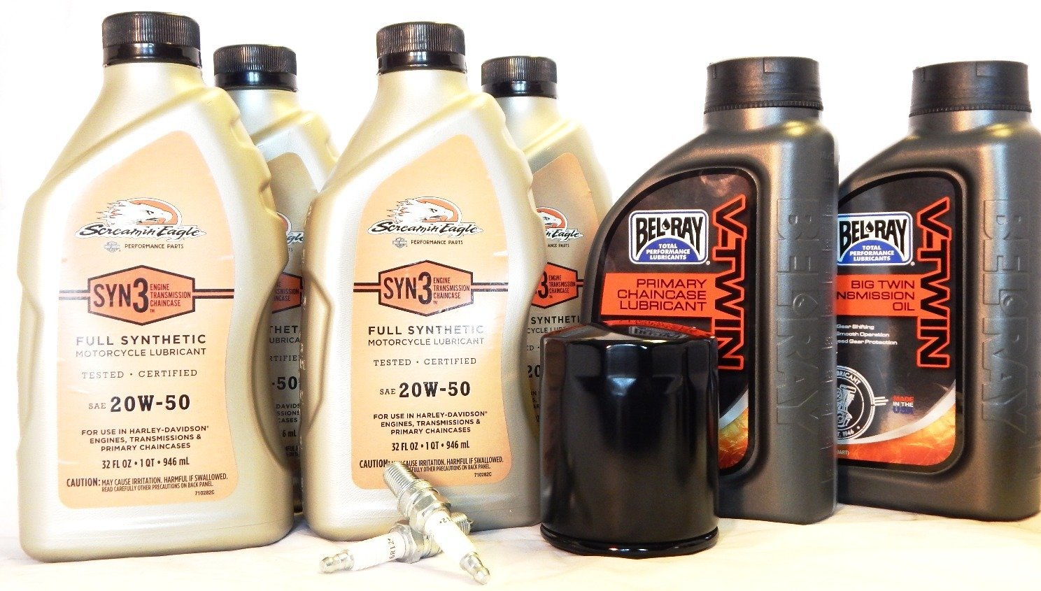 H-D Screamin Eagle Syn3 Synthetic Touring Full Service, 1 Quart Primary: Bel Ray Primary, 1 Quart Transmission: Bel Ray Transmission, Oil Filter: HiFlo Black