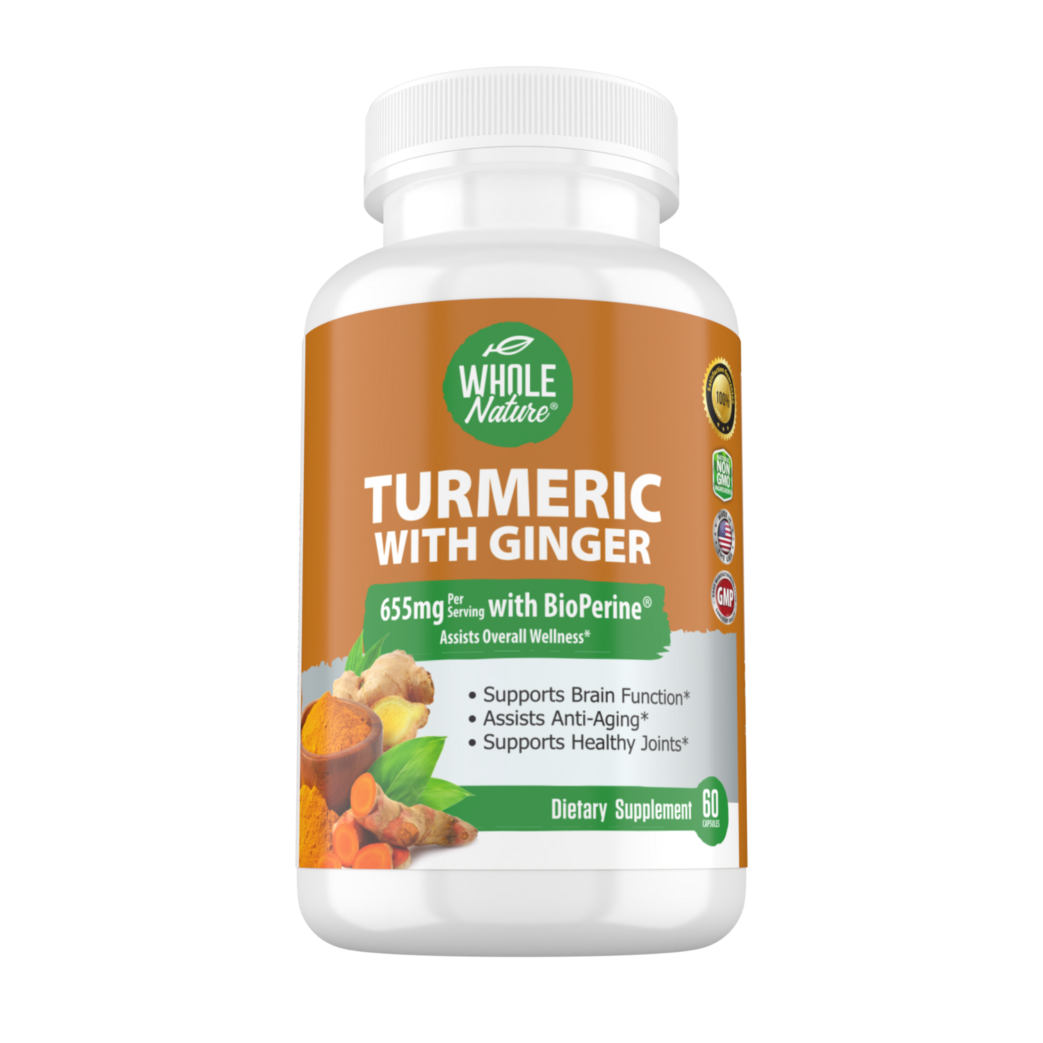 Turmeric Curcumin, Ginger &amp; Black Pepper, Enhanced Absorption Turmeric Extract 95% Standardized Curcuminoids 550mg. Supports Joints, Skin, Digestion, Brain, Immunity, Vegan, Non-GMO, 60 ct