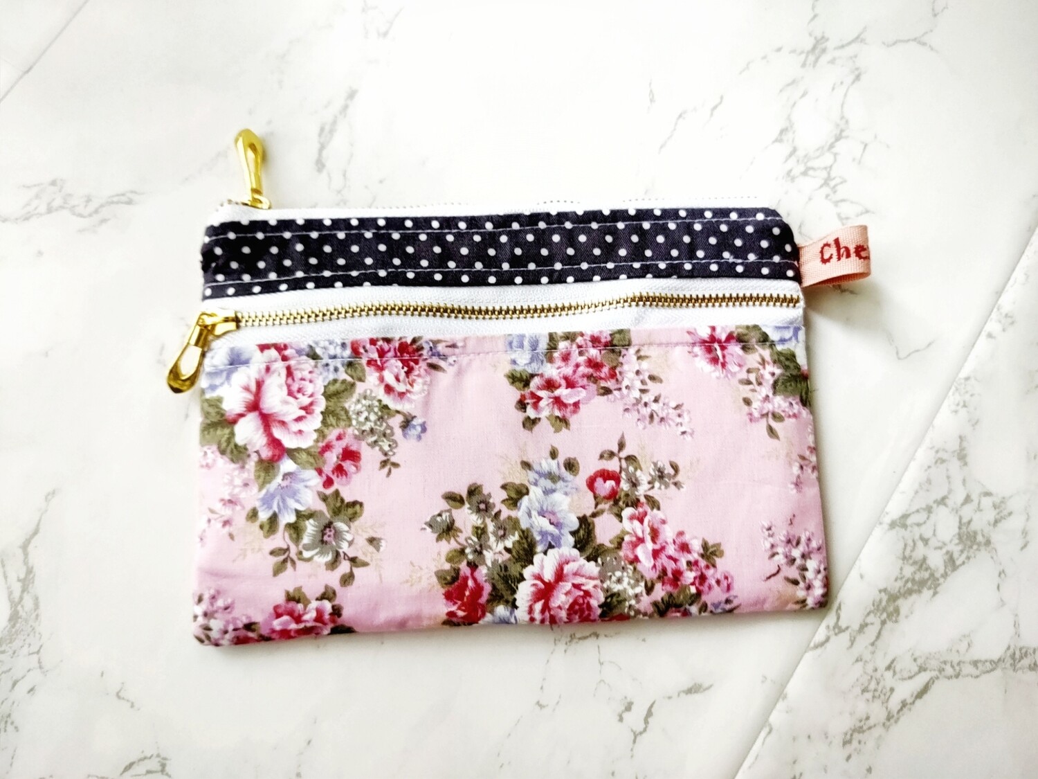 Pink floral double zip bag small