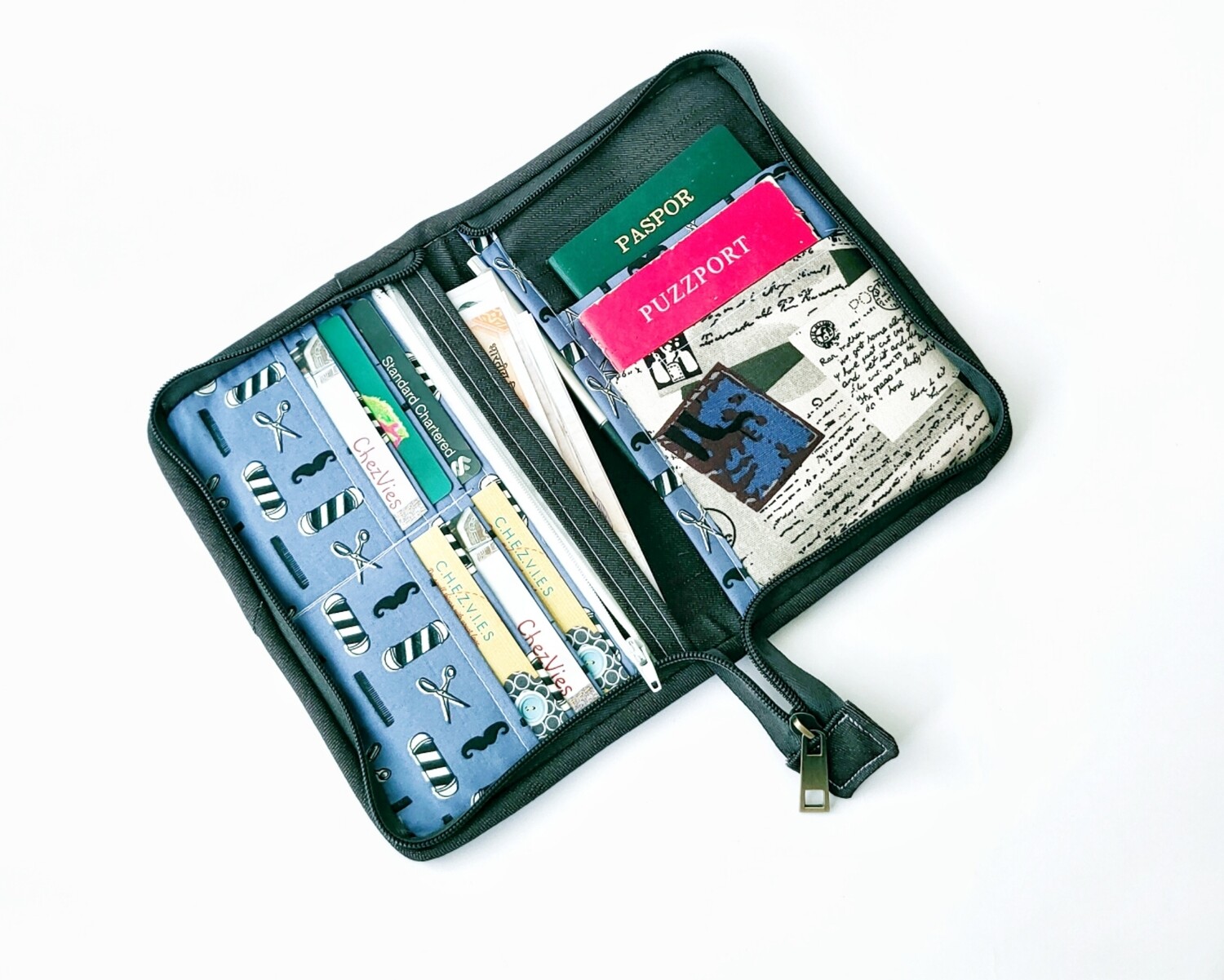 Newspaper Print Travel Wallet Organizer for 4 with Multiple Cardholders and Pockets