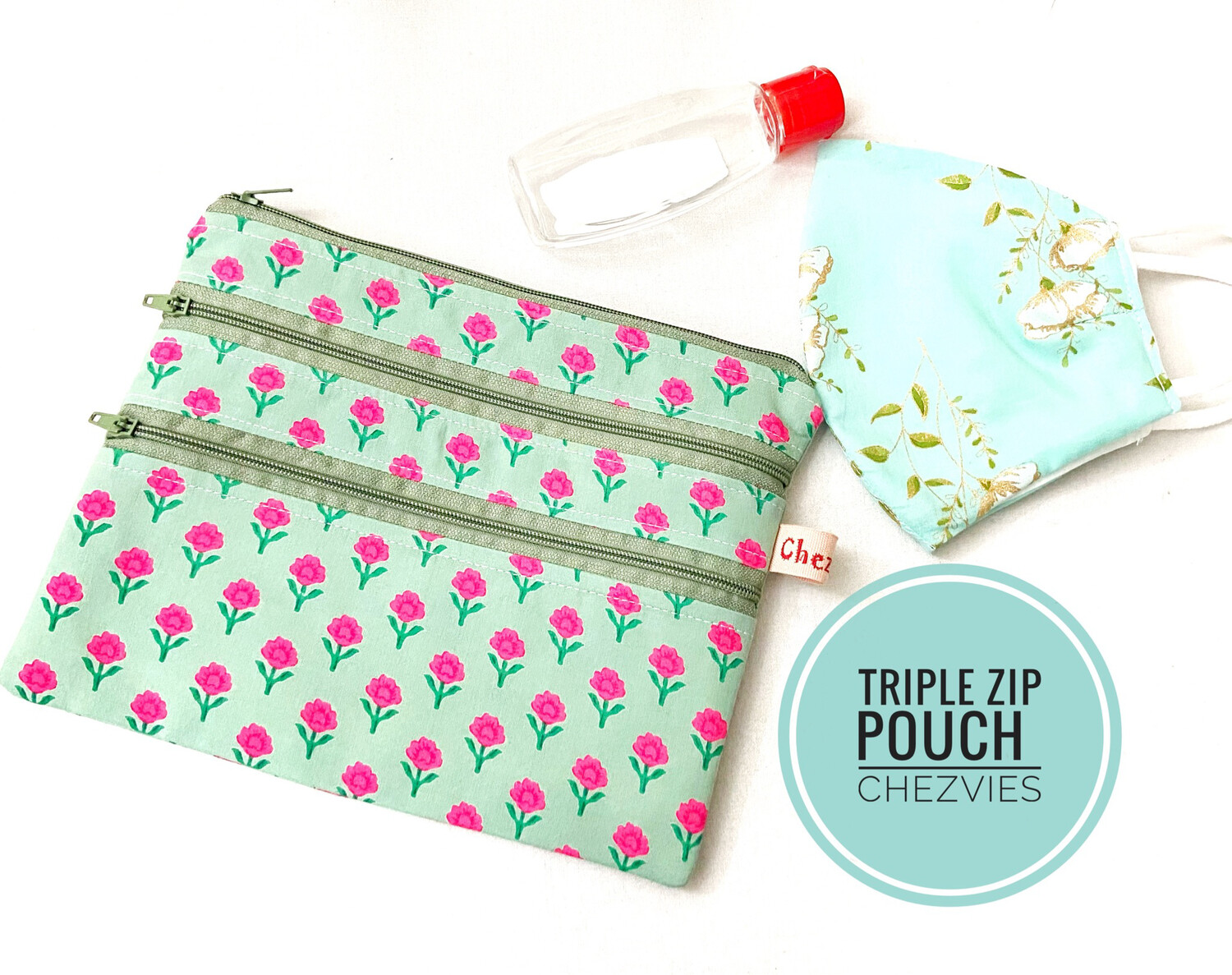 Triple Zipper Bag Pouch - Sage Green - Small Floral Design