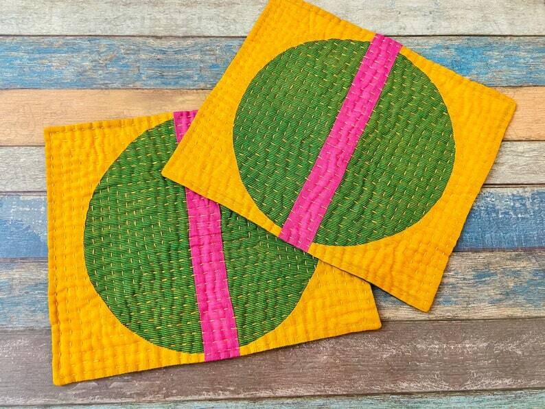 Small Kantha Table Mats, Hand Quilted Table Topper - Yellow