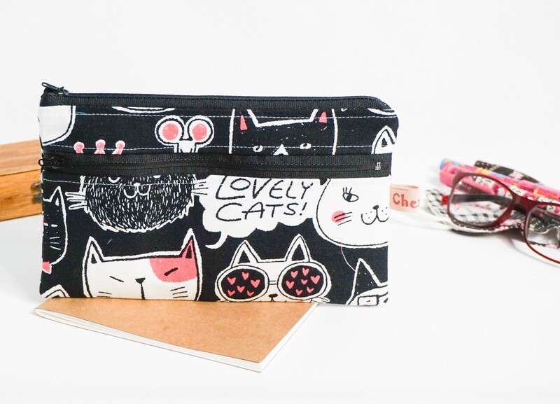 Kitty Print Double Zippered Pencil Bag - Black Pink