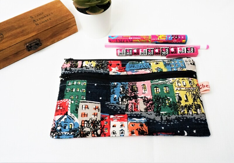 Double Zip Pencil Case, House  Print Pencil Bag