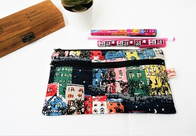 Double Zip Pencil Case, House Print Pencil Bag