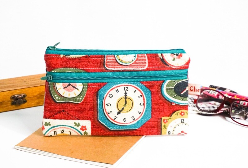 Double Zip Pencil Case, Clock Print Pencil Bag,