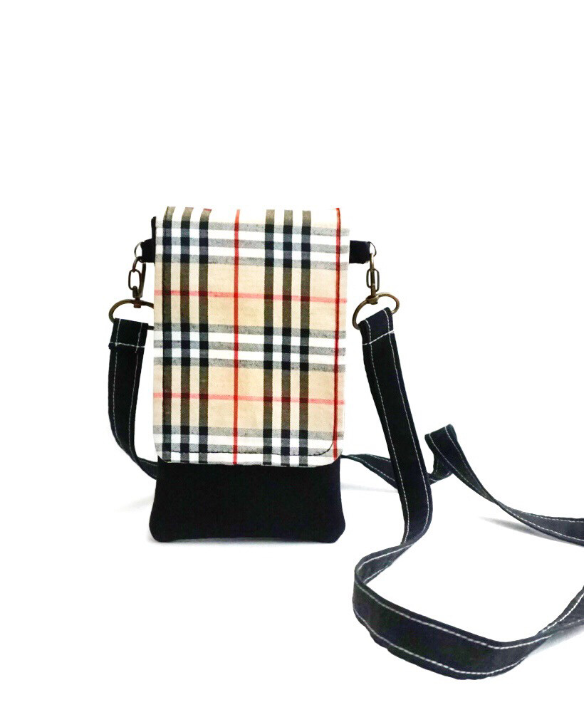 Tartan Crossbody Phone  Bag -Beige and Black Check - Unisex Phone Pouch