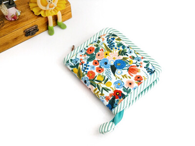 Handmade Small Zip Around Wallet for Women - Green Floral