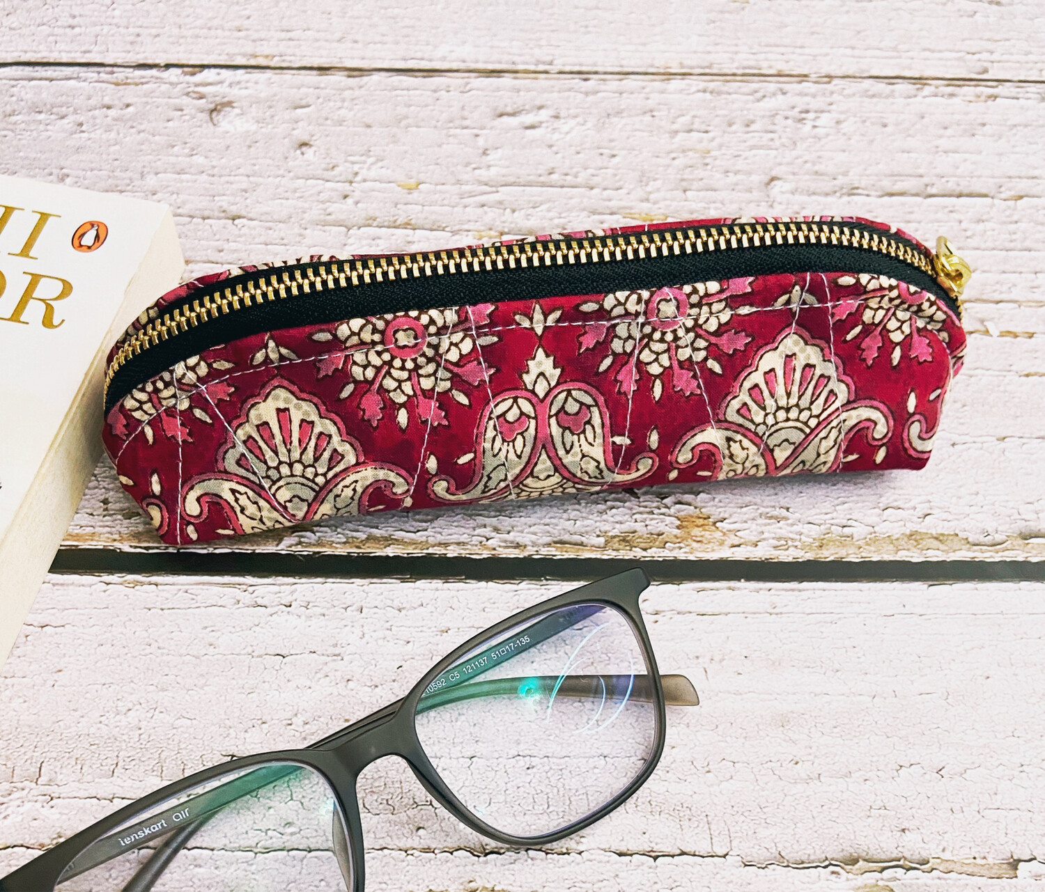 Red Block Print Quilted Pouch For Pencil Case, Eyeglass Case,etc