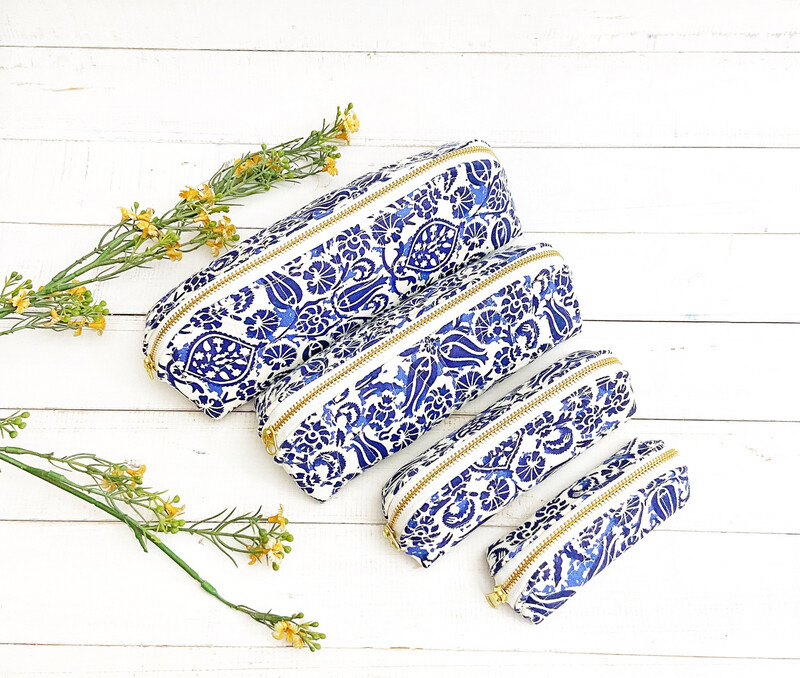 Block Print Zipper Pouch - Blue And White