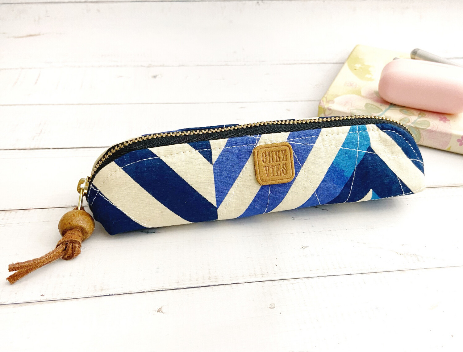 Slim Pencil Pouch, Striped Pencil Case, Quilted Pencil Bag