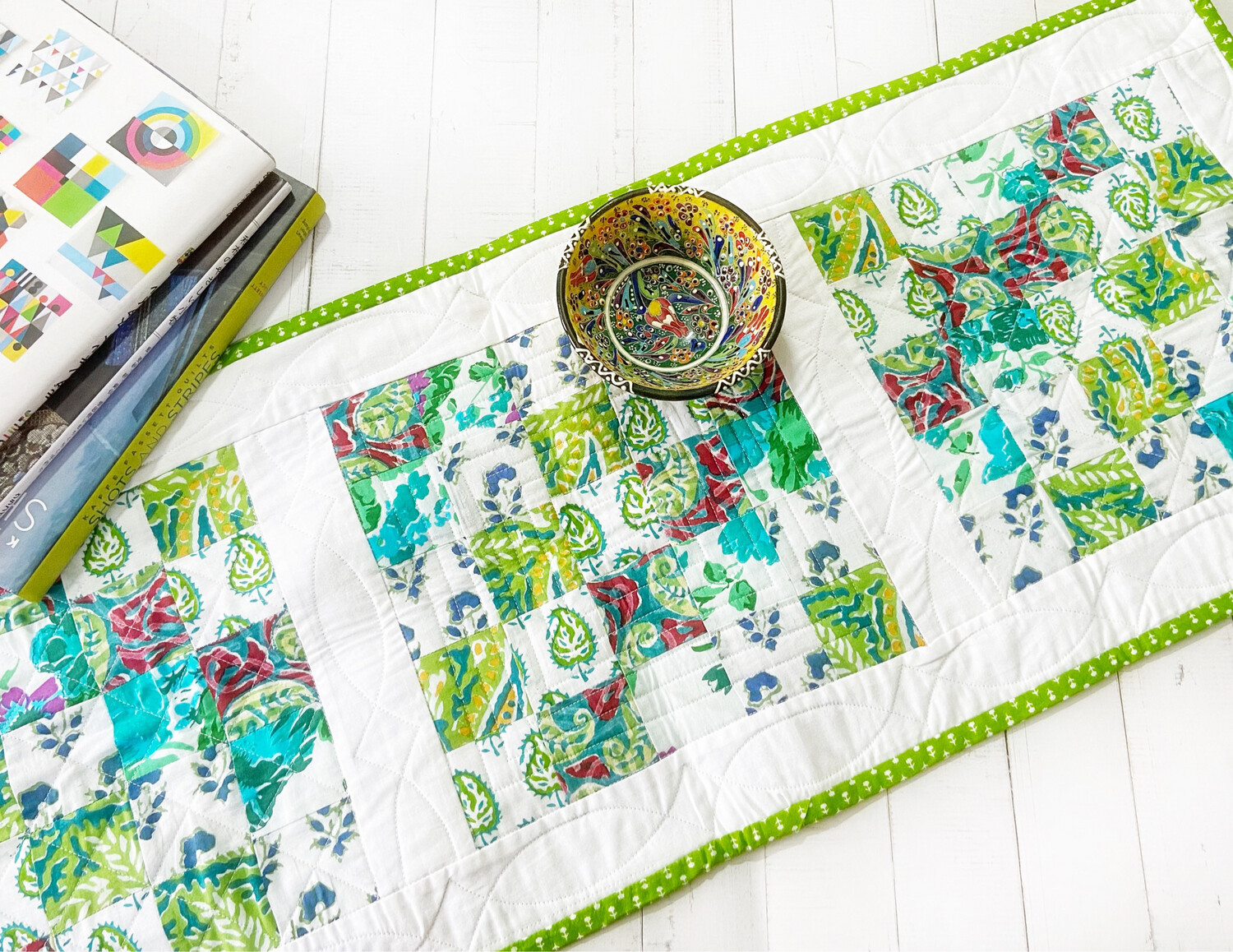 Scrappy Green Patchwork Quilted Table Runner