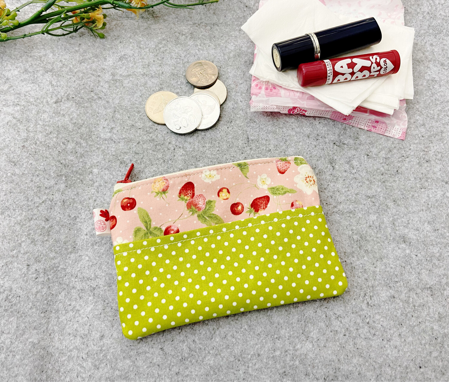Mini Cute Zipper Pouch with Tissue Holder - Pink Strawberry Polkadots