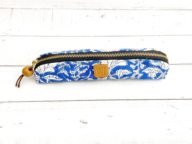 Floral Block Print  Slim Pencil Pouch - Quilted  Zipper Pencil Bag