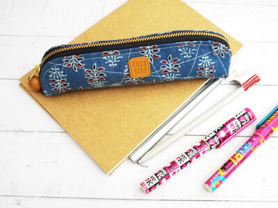 Indigo Flower Block Print Slim Pencil Pouch - Quilted Zipper Pencil Bag