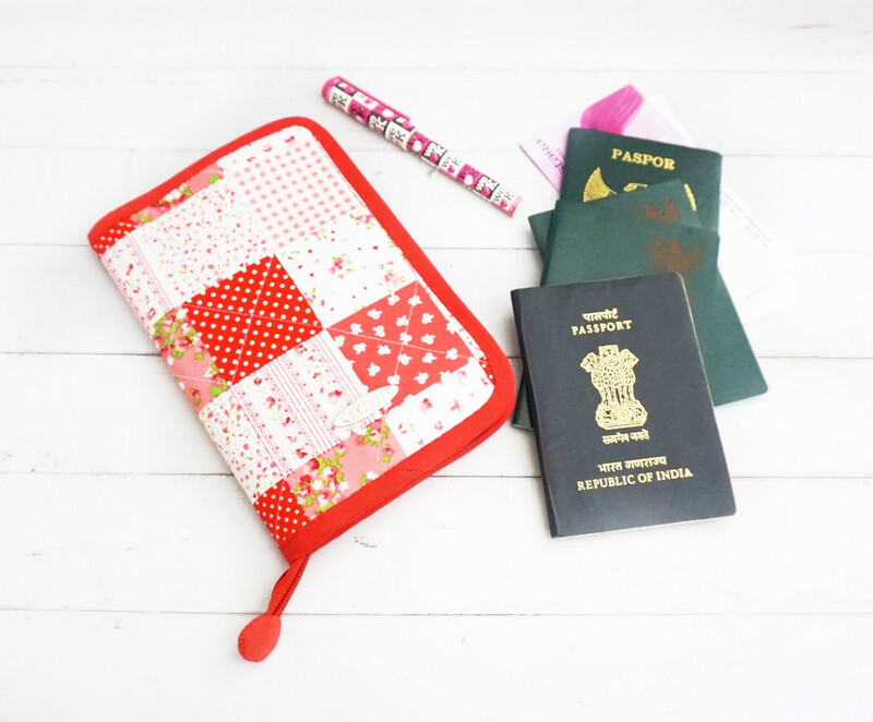 Red Patchwork Zip Around Travel Passport Wallet