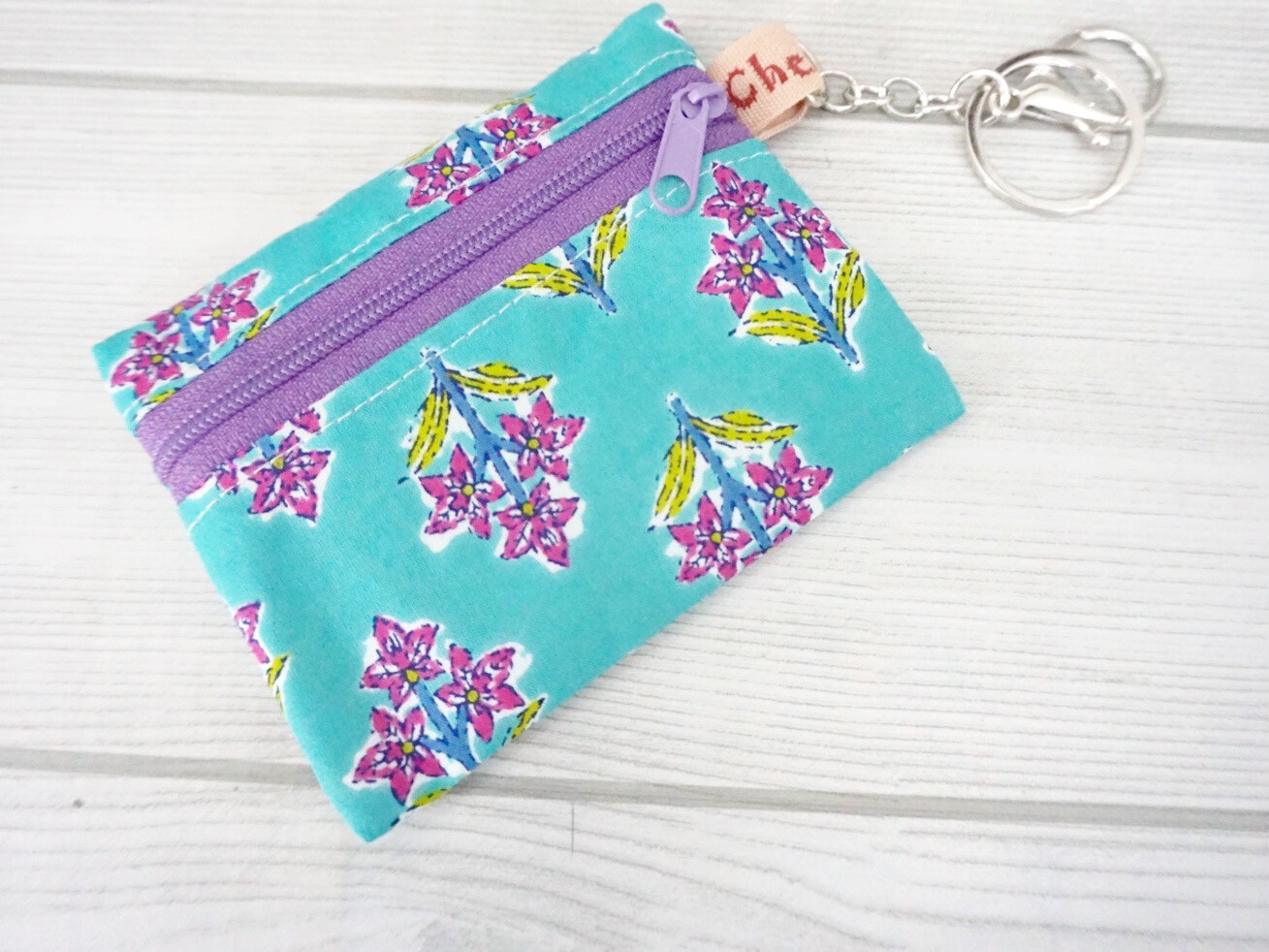 Mini Keychain Wallet - Teal Floral