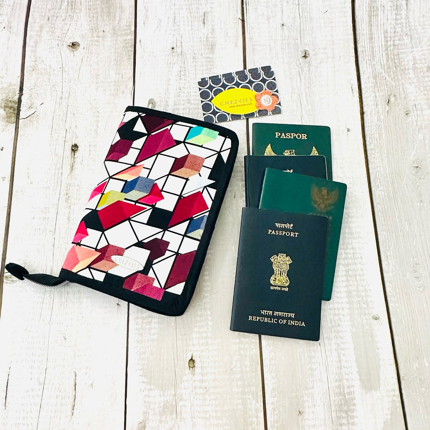 Burgundy Zippered Travel Passport Wallet - Geometric Pattern