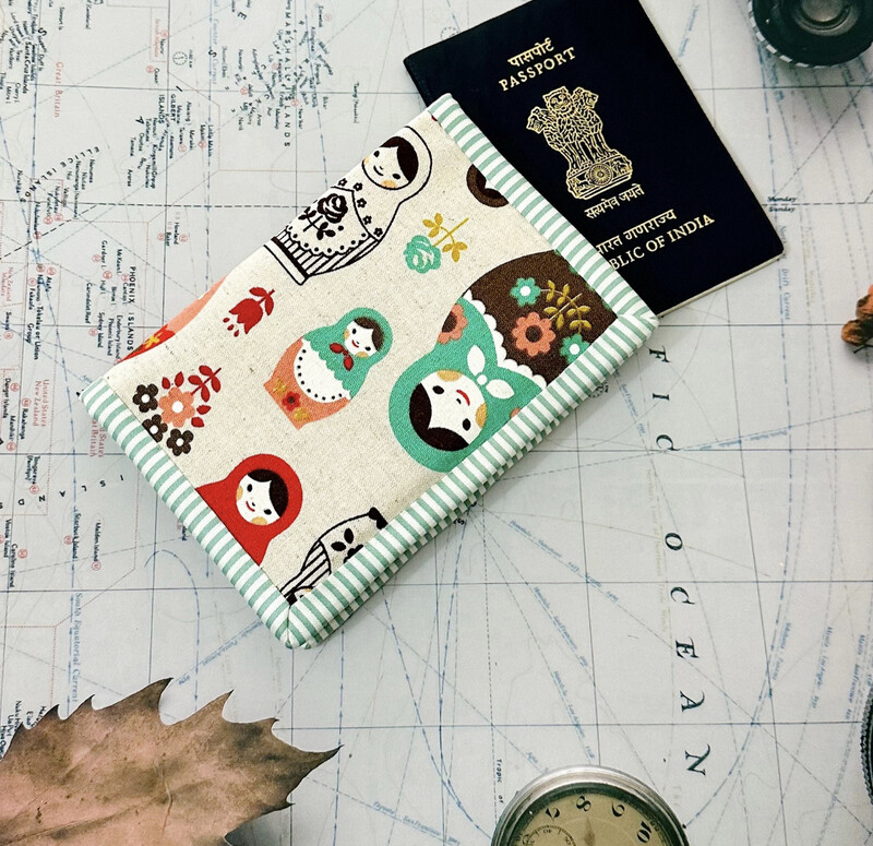 Linen Passport Cover For 2 - Matryoshka Russian Doll