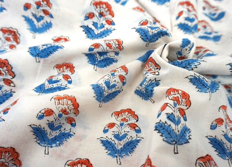 Red Blue Floral Hand Block Print Fabric, 100% Cotton, Lightweight, Big Flower Print, Medium Opacity, 44 Inches Wide