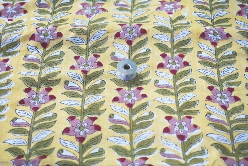 Yellow Green Climbers Floral Hand Block Print Cotton Dress Materials 44 Inch Wide