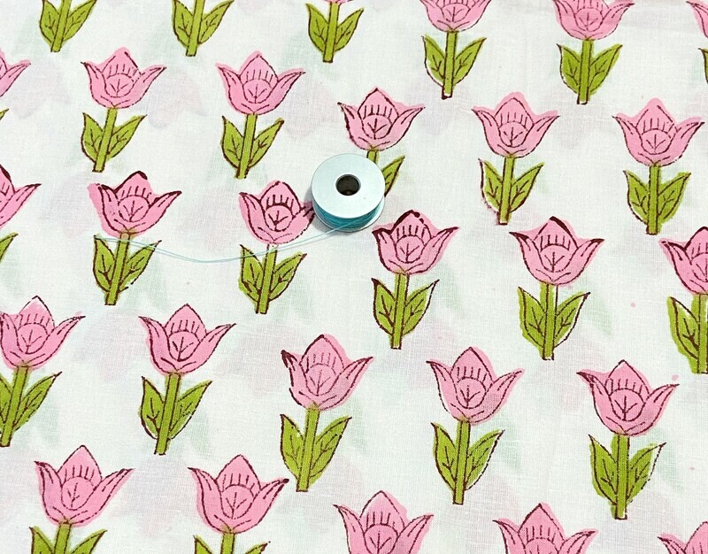 Pink Floral Print  Indian Block Print Cotton Fabric, Sewing Quilting Crafting Fabric, 44 Inch Wide, Sold by Half Yard
