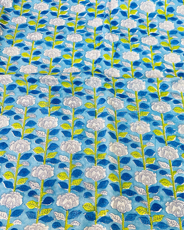 Blue Green Floral Cotton Fabric With White Floral Print