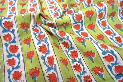 Green Striped Hand Block Print Cotton Fabric, Small Floral, Lightweight, Summer Sewing Quilting Crafting, 44 Inch Wide