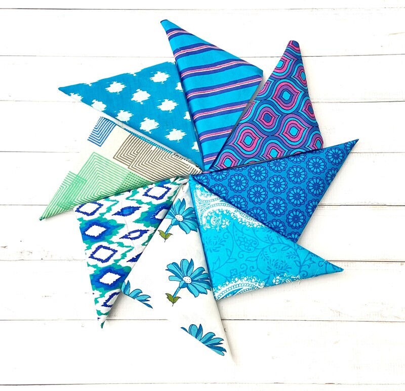 8 Pack Fat Quarter Bundle, Blue White Block Print Cotton Fabric Set for Patchwork, Quilting, Crafting