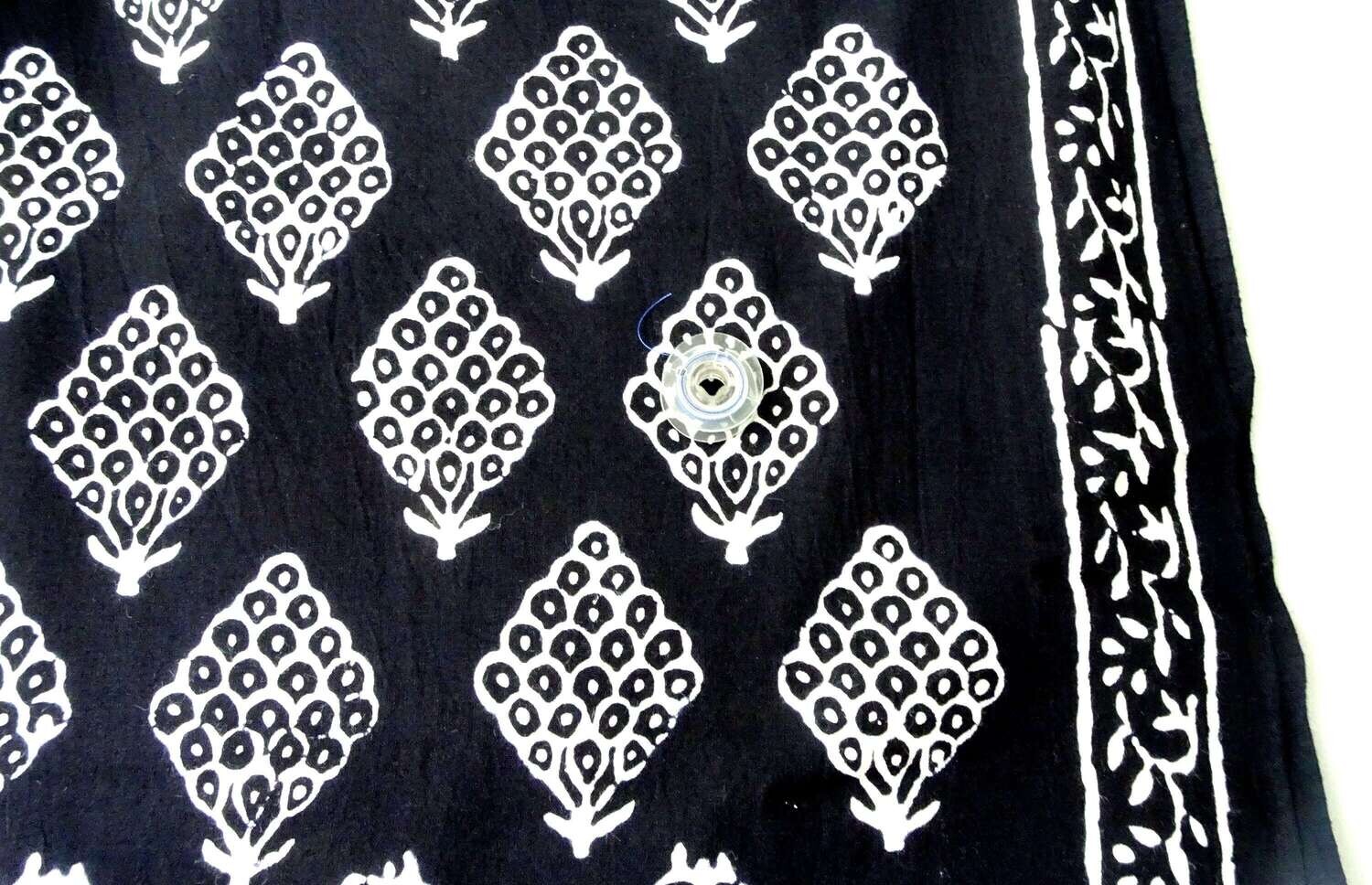 Black and White  Floral Hand Block Print Fabrics, 44 Inches Wide, Sold by Half Yard