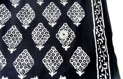 Black and White Floral Hand Block Print Fabrics, 44 Inches Wide, Sold by Half Yard