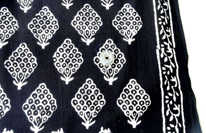 Black and White  Floral Hand Block Print Fabrics, 44 Inches Wide, Sold by Half Yard