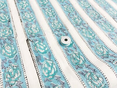 Blue and Off White Stripe Floral Print Indian Cotton Fabric, Sewing Quilting Crafting Fabric, 44 Inch Wide