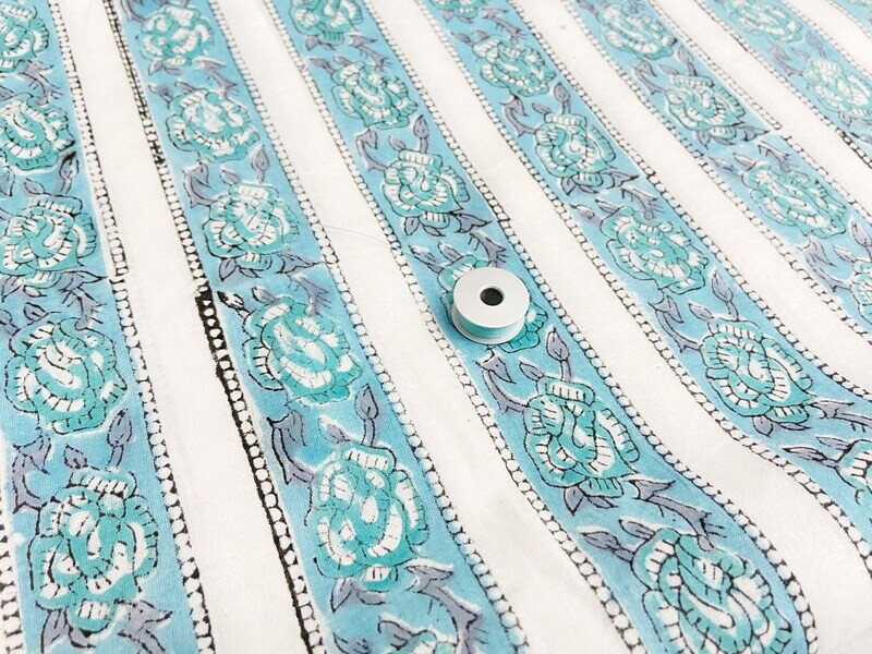 Blue and Off White Stripe Floral Print  Indian Cotton Fabric, Sewing Quilting Crafting Fabric, 44 Inch Wide