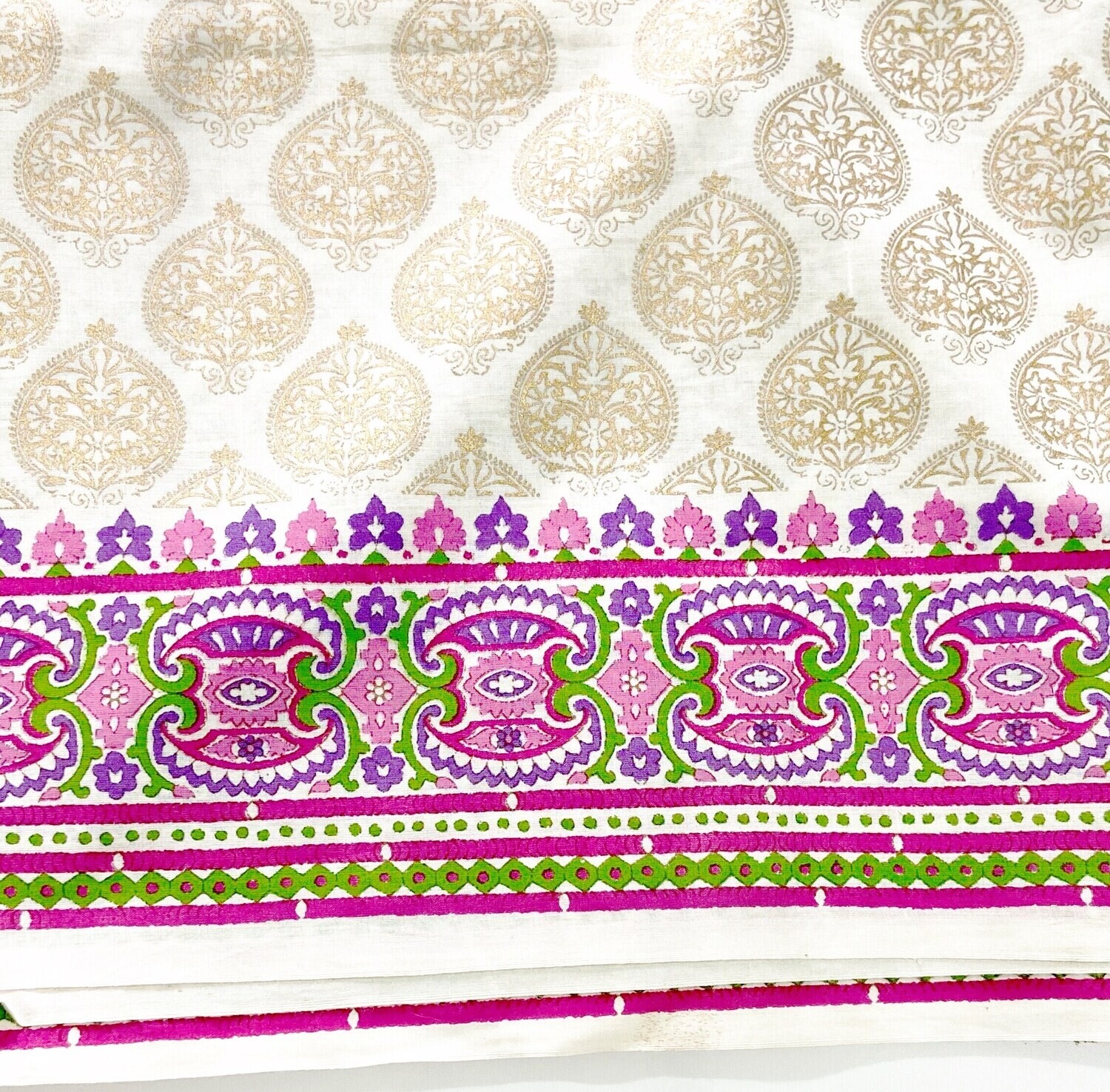 Gold Print Cotton Fabric with Pink Border, Mughal Pattern, Cream Cotton, 44 Inches Wide