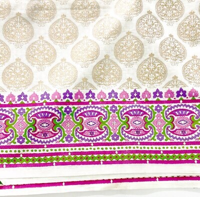 Gold Print Cotton Fabric with Pink Border, Mughal Pattern, Cream Cotton, 44 Inches Wide